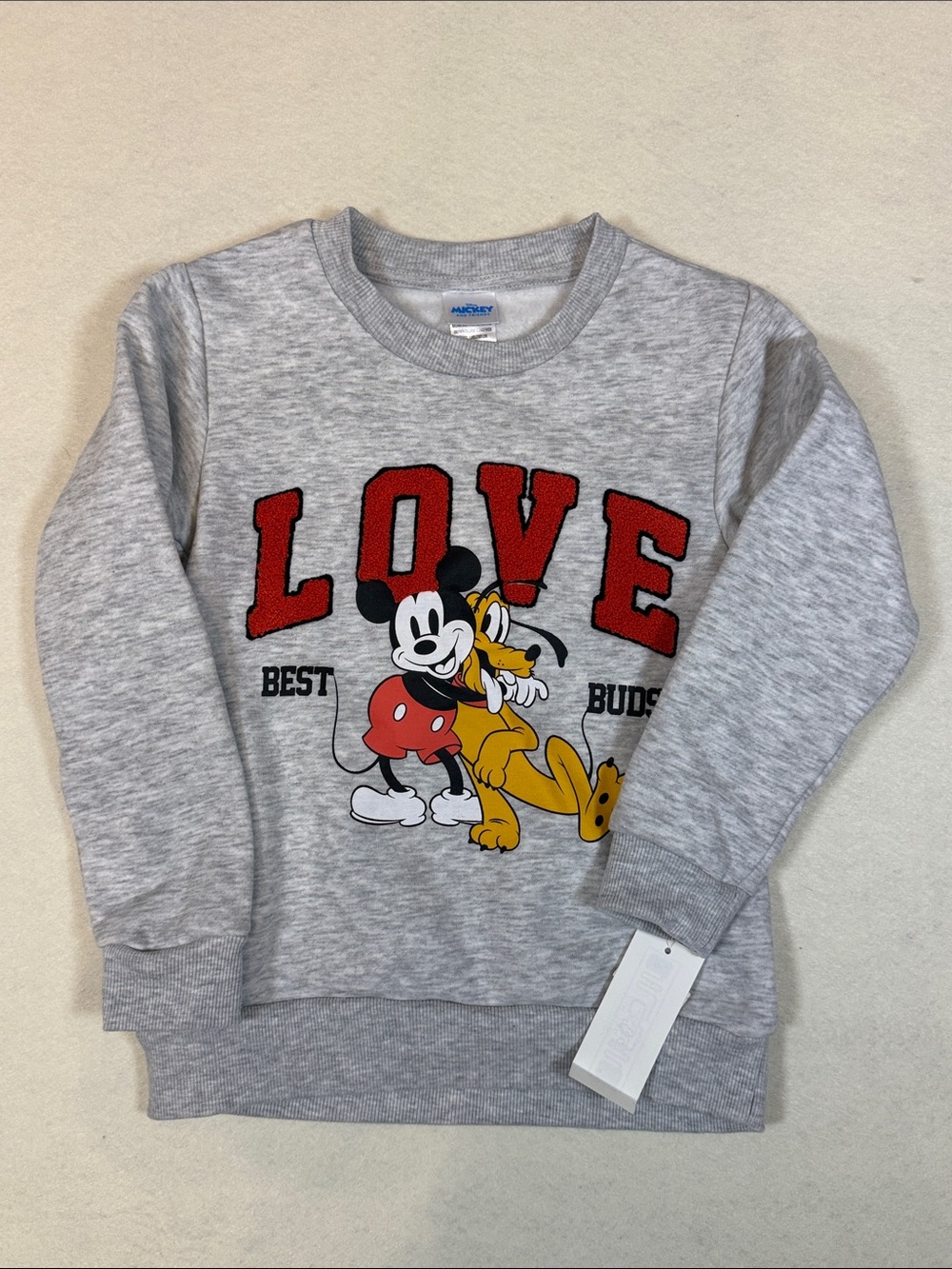 Disney Grey Sweatshirt with Red LOVE Patch and Mickey & Pluto Sz 5T YY